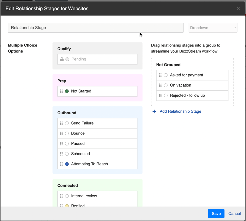 Associate a relationship stage with a project phase in BuzzStream