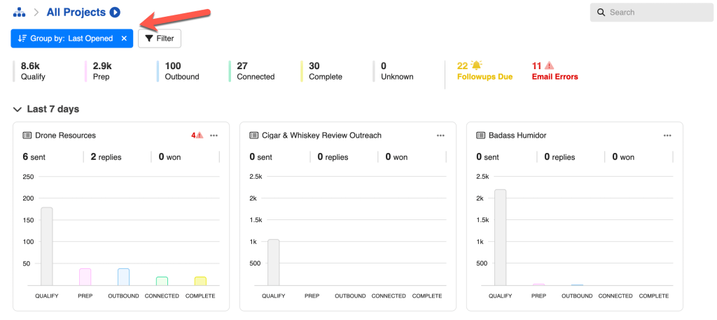 Sort by last opened in project dashboard