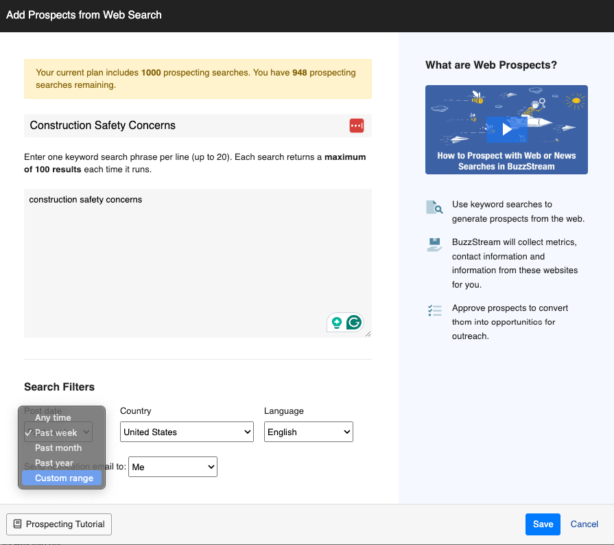 add prospects from search in buzzstream