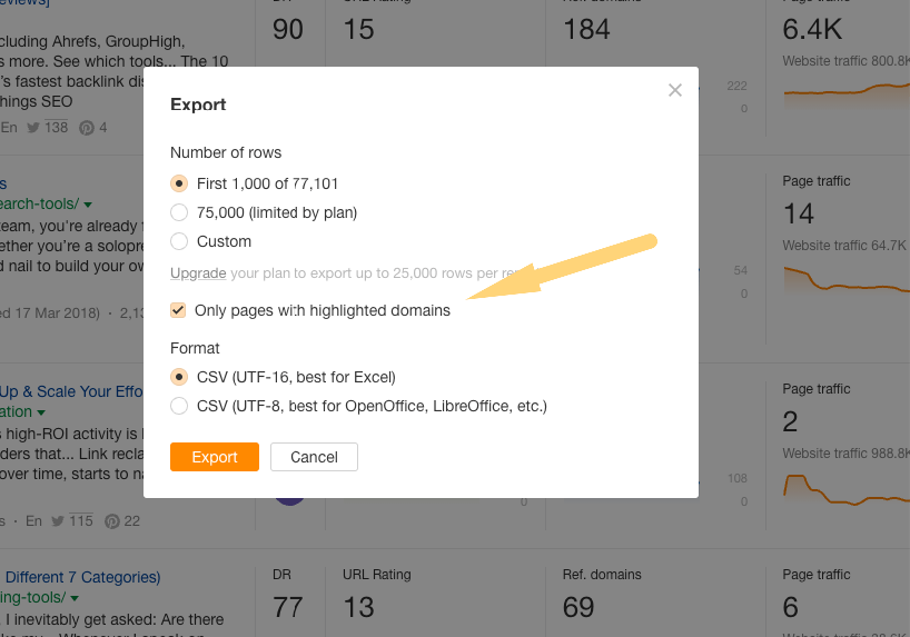 exporting in ahrefs - highlighting