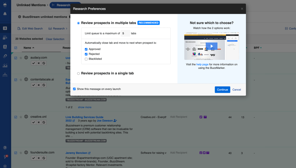 buzzstream tabs