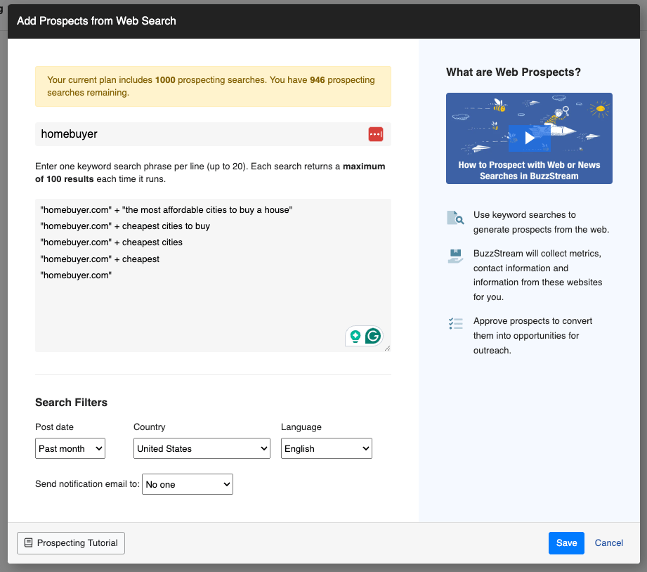 enter multiple searches in buzzstream