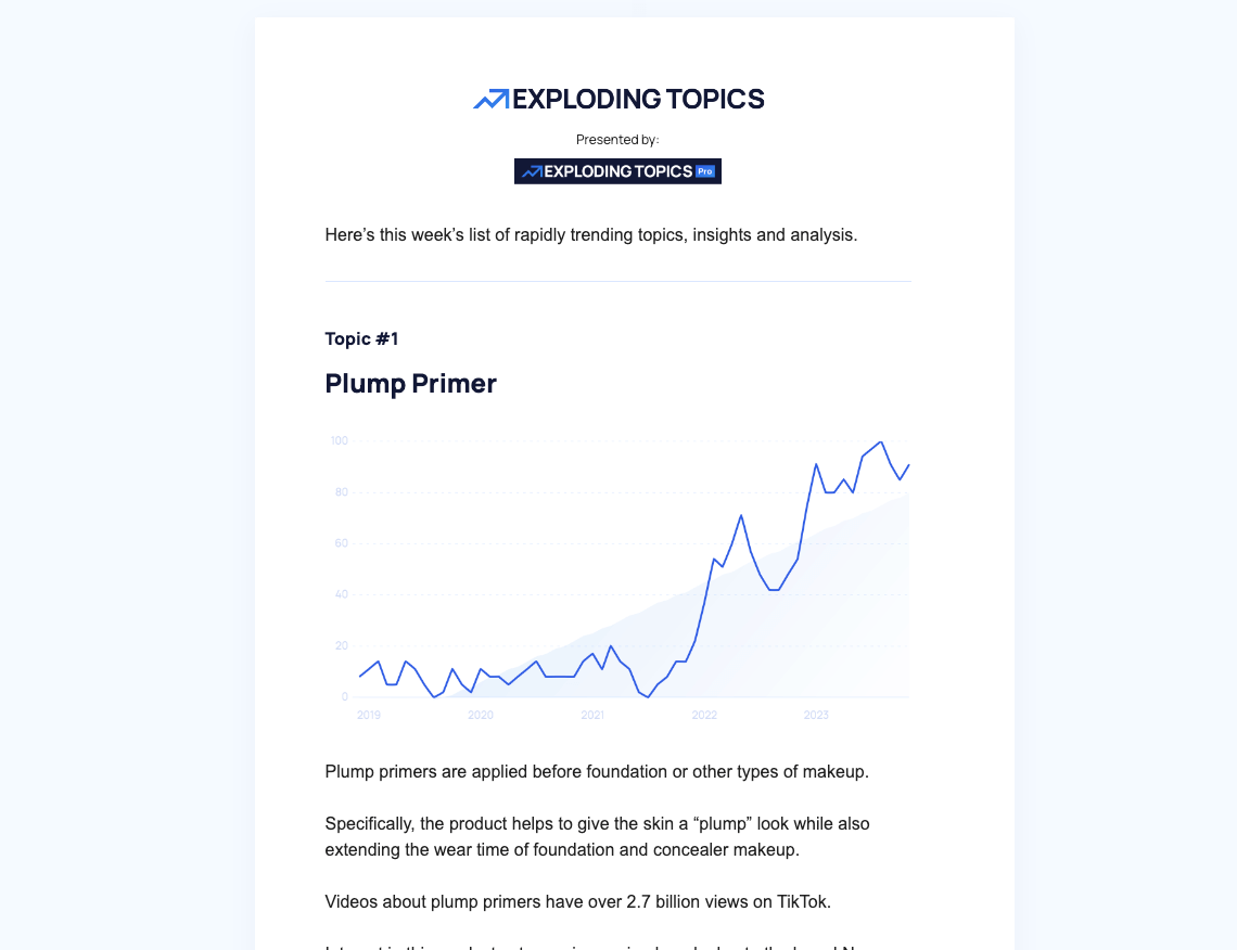 exploding topics' newsletter about pump primers