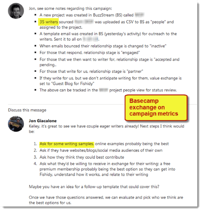 Basecamp exchange on campaign metrics