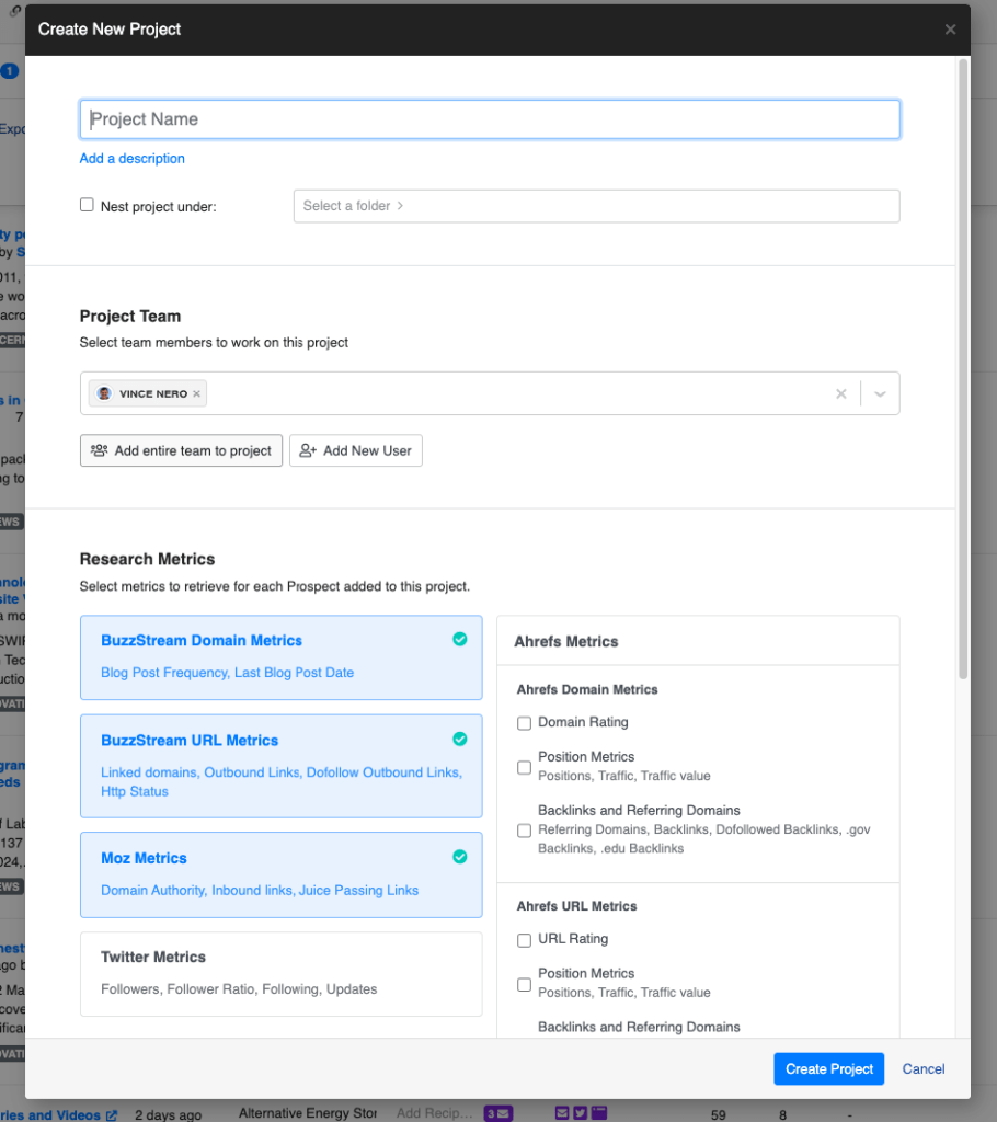 creating a new project with buzzstream