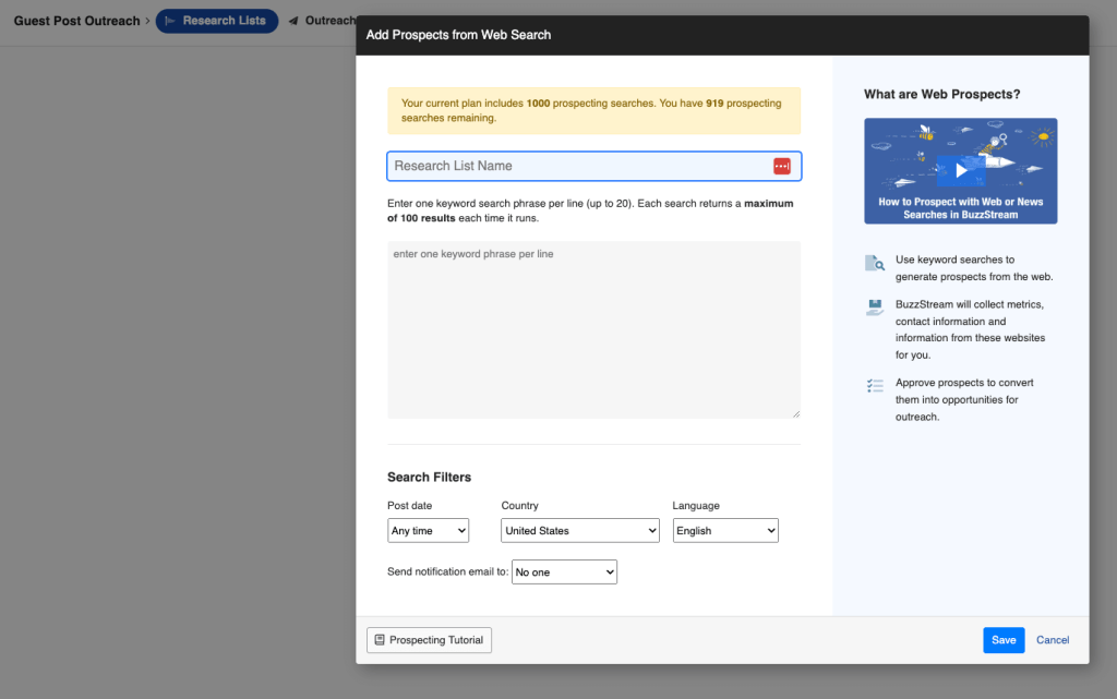 add prospects from search feature on ahrefs