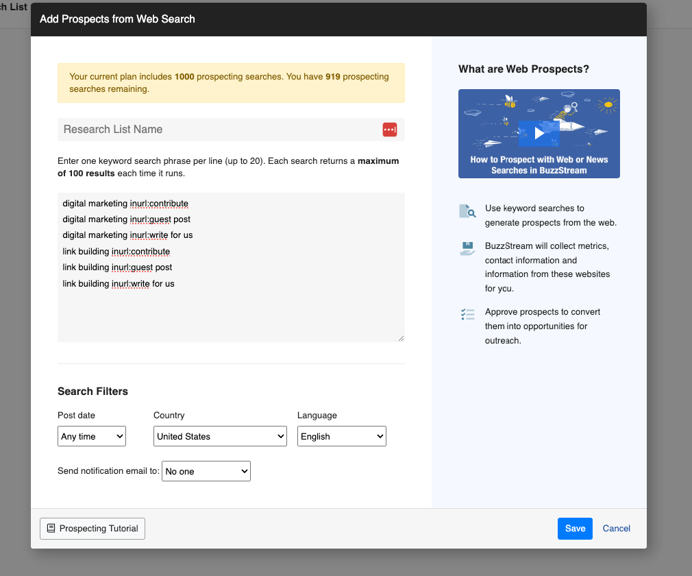 search operators into the research phase as a link building tool