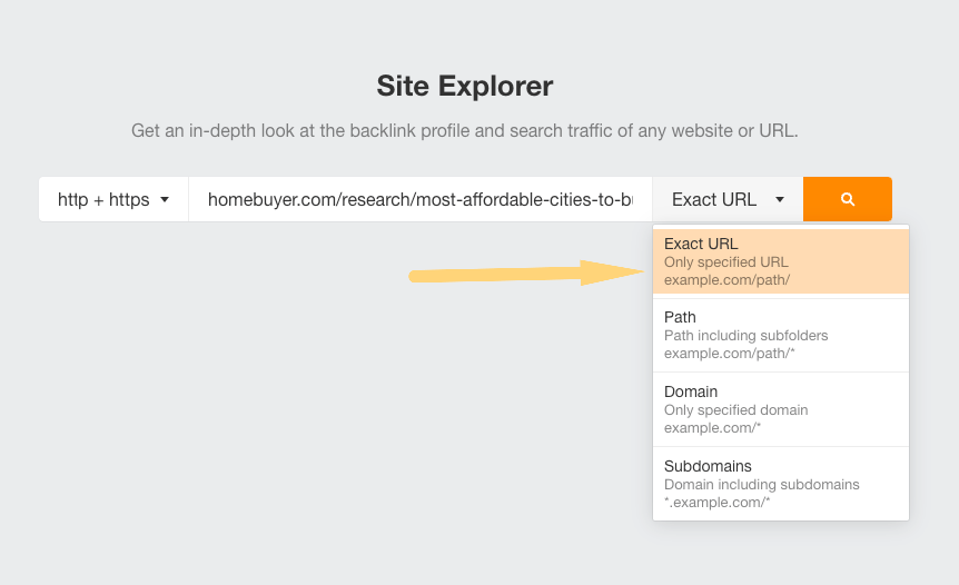 exact URL search in ahrefs